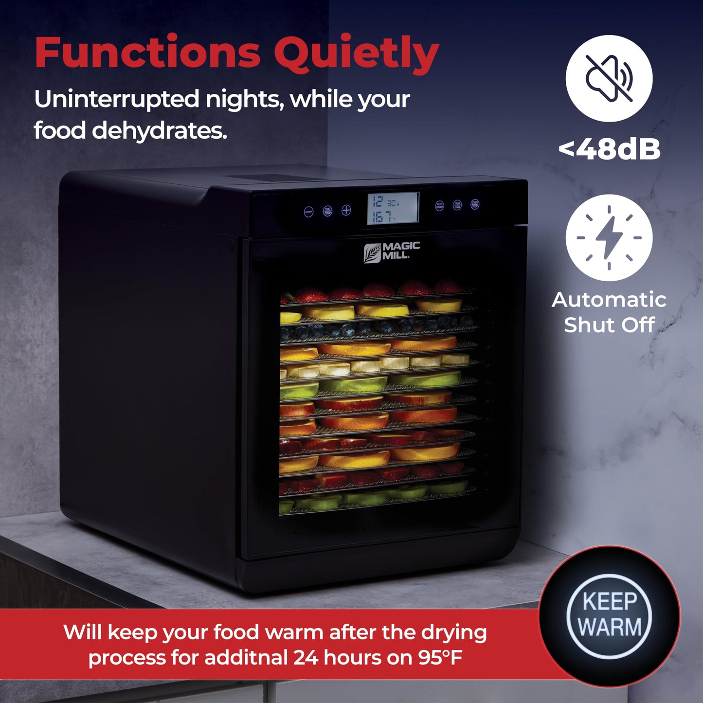 Magic Mill Premium Food Dehydrator Machine (15 Extra-Large Stainless Steel Trays) 800W Dryer for Beef Jerky, Fruits, Vegetables, Dog Treats, 48 Hour Digital Timer - 95°-167° Temperature Control