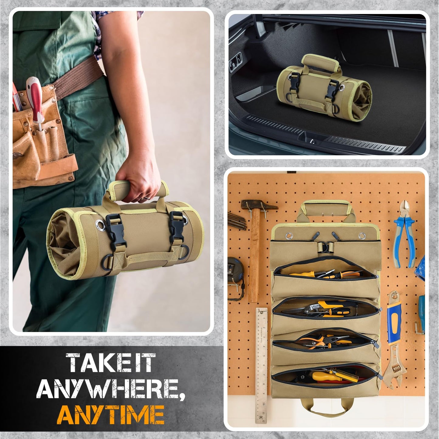 Roll Up Tool Bag, Heavy Duty Tool Organizer with 2 Detachable Pouches, Durable Tool Storage for Men, Women, Husband, Handyman, RV Owners, Khaki
