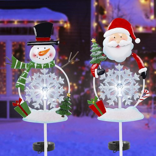 FORUP Solar Christmas Yard Decorations - Outdoor LED Snowflake Pathway Lights | Set of 2 Metal Garden Stakes