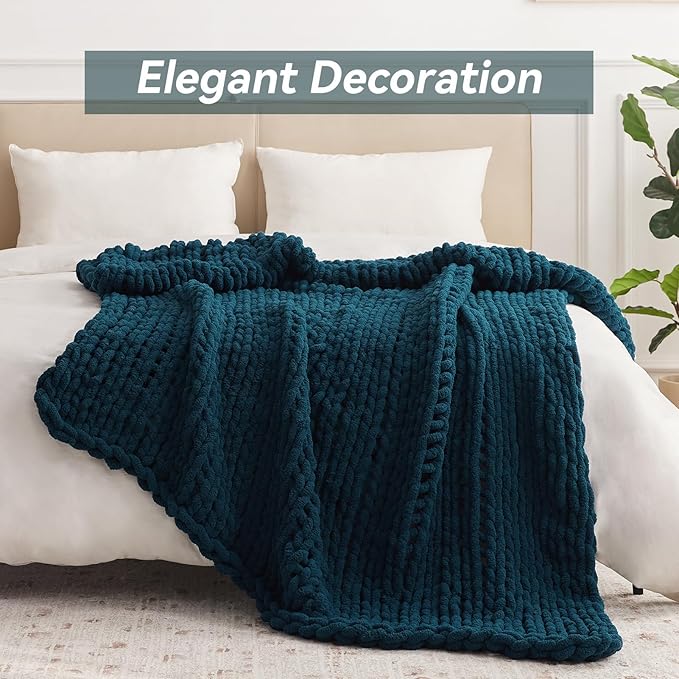 Negwoo Chunky Knit Throw Blanket, 50''*60'' Knitted Throw Chenille Yarn for Bed Couch, Handmade Peacock Blue Crochet Big Thick Blanket, Machine Washable Cute Comfy Blanket for Home Decor
