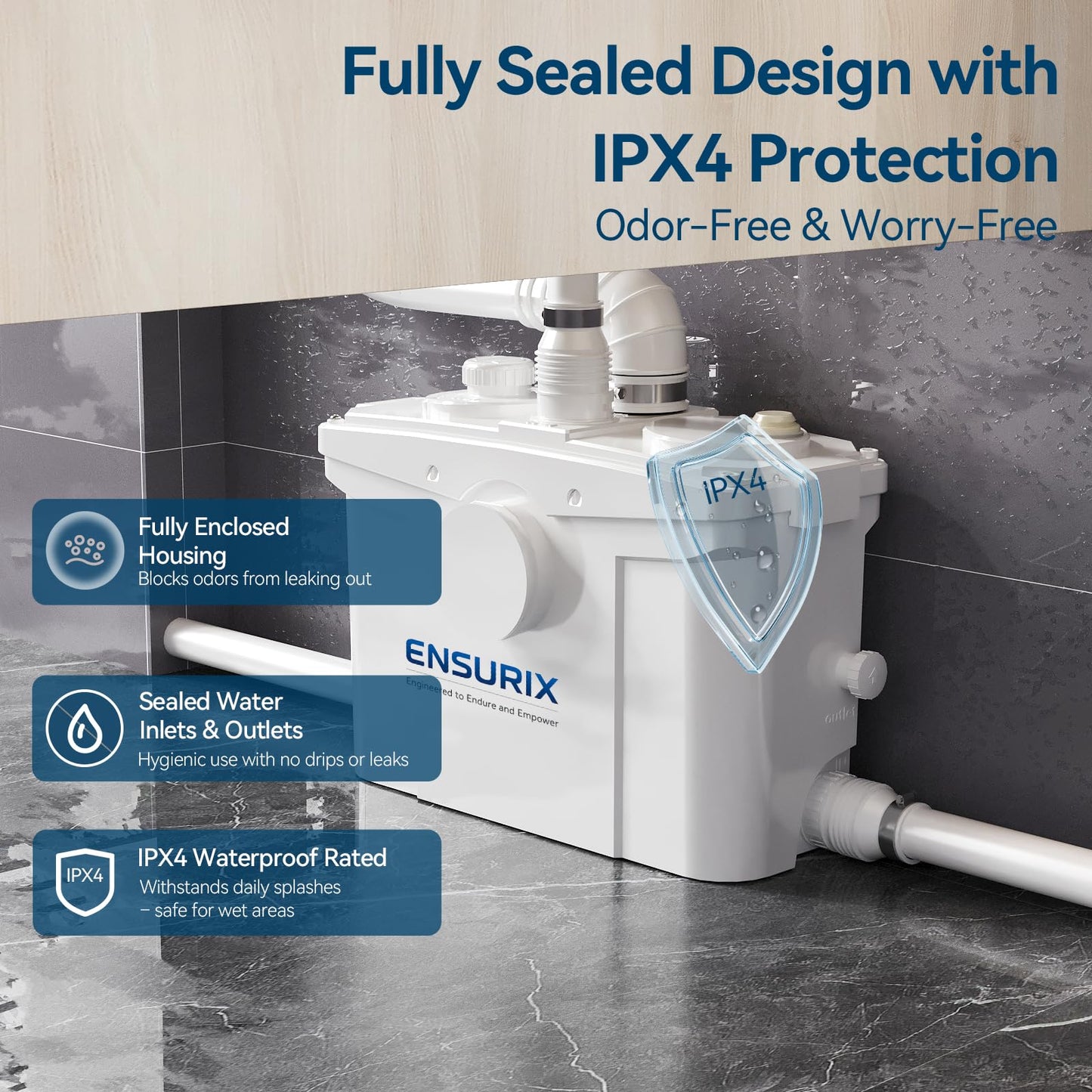 Ensurix 1200W Macerator Pump – 2800GPH, 28FT Vertical Lift Toilet Water Pump with Anti-Backflow, PCB Smart Control, IPX4 Waterproof, Macerator Pump Basement for Toilet, Sink, Bathroom etc.