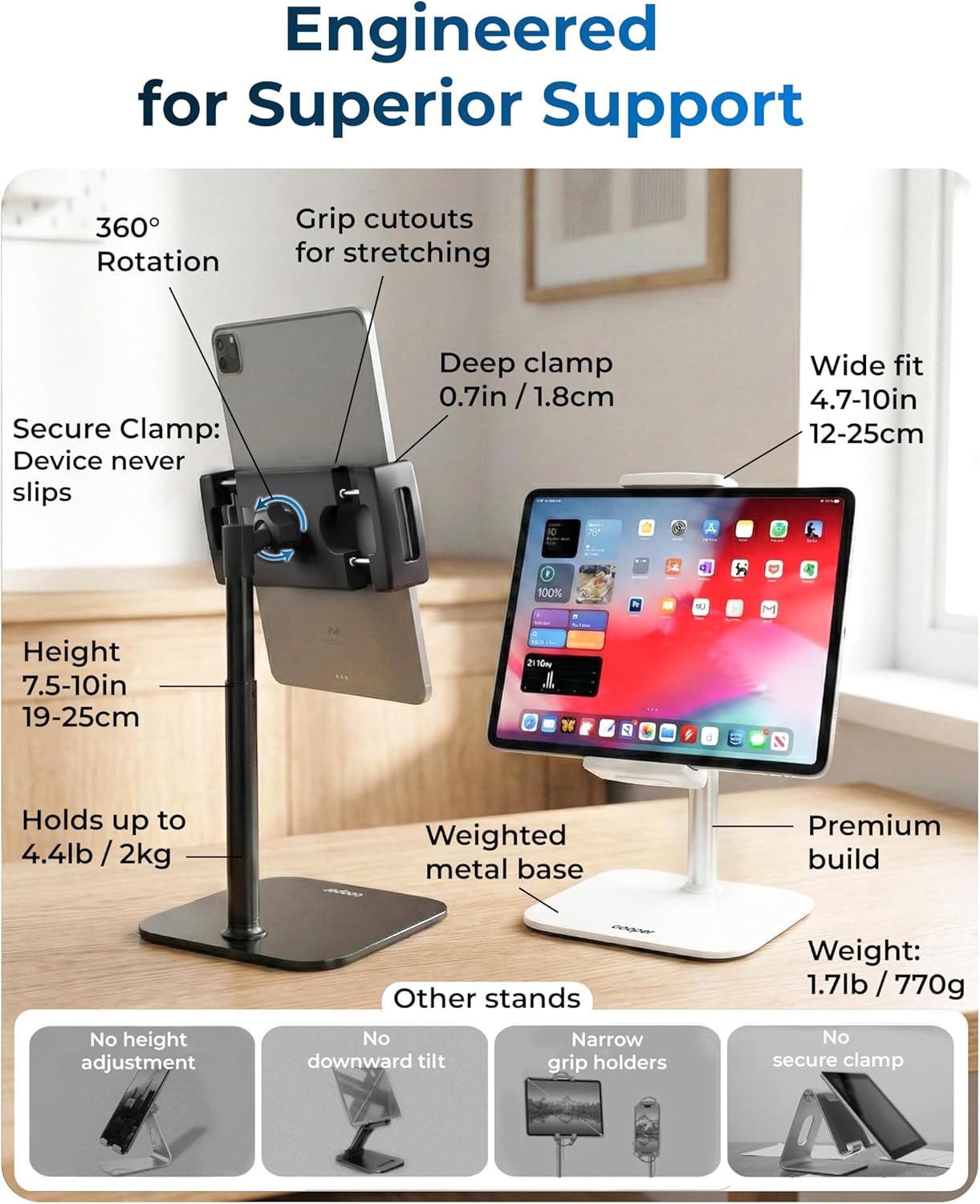 COOPER 10" TabStand Mini, Height Adjustable Tablet Stand, Ipad Stand for Desk, Portable Monitor Holder, Heavy Duty