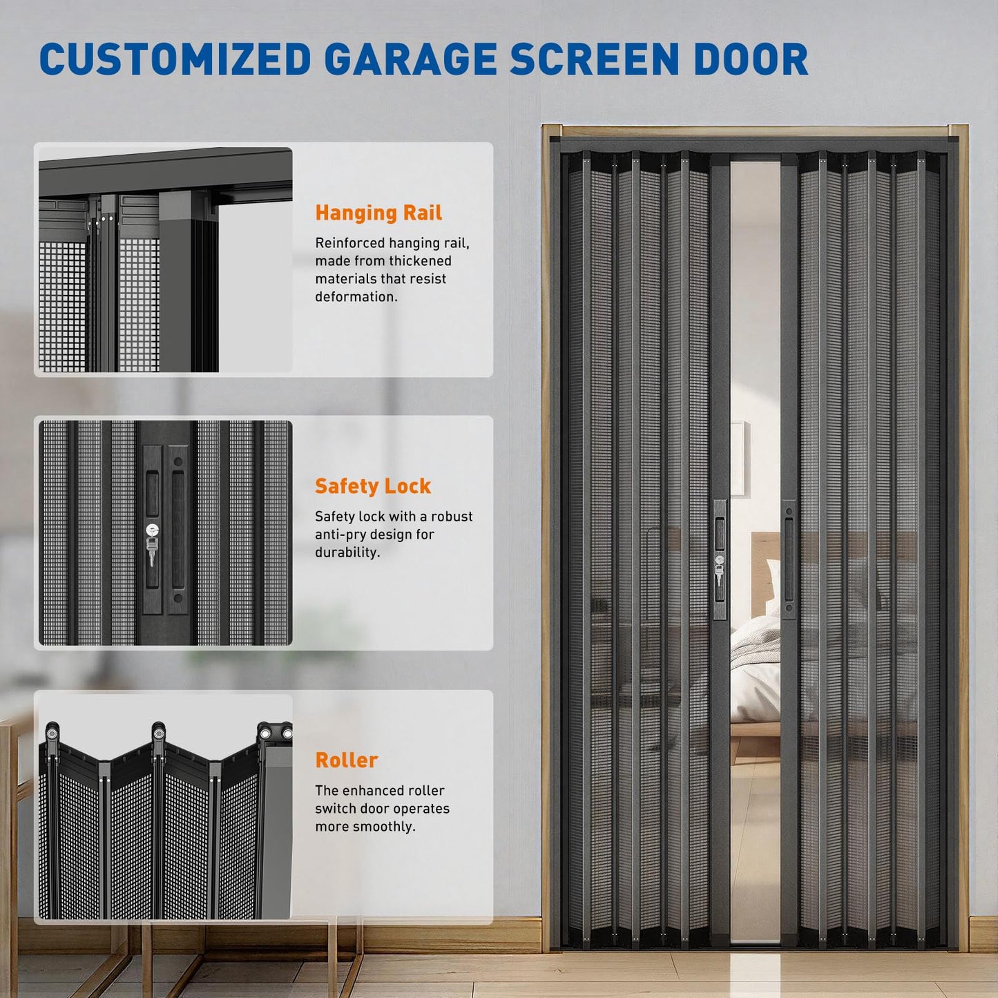 MAGZO Custom Aluminum Retractable Screen Door Middle Opening, Upgraded Heavy Duty Aluminum Frame & Sturdy Mesh with Security Lock, Easy Assemble