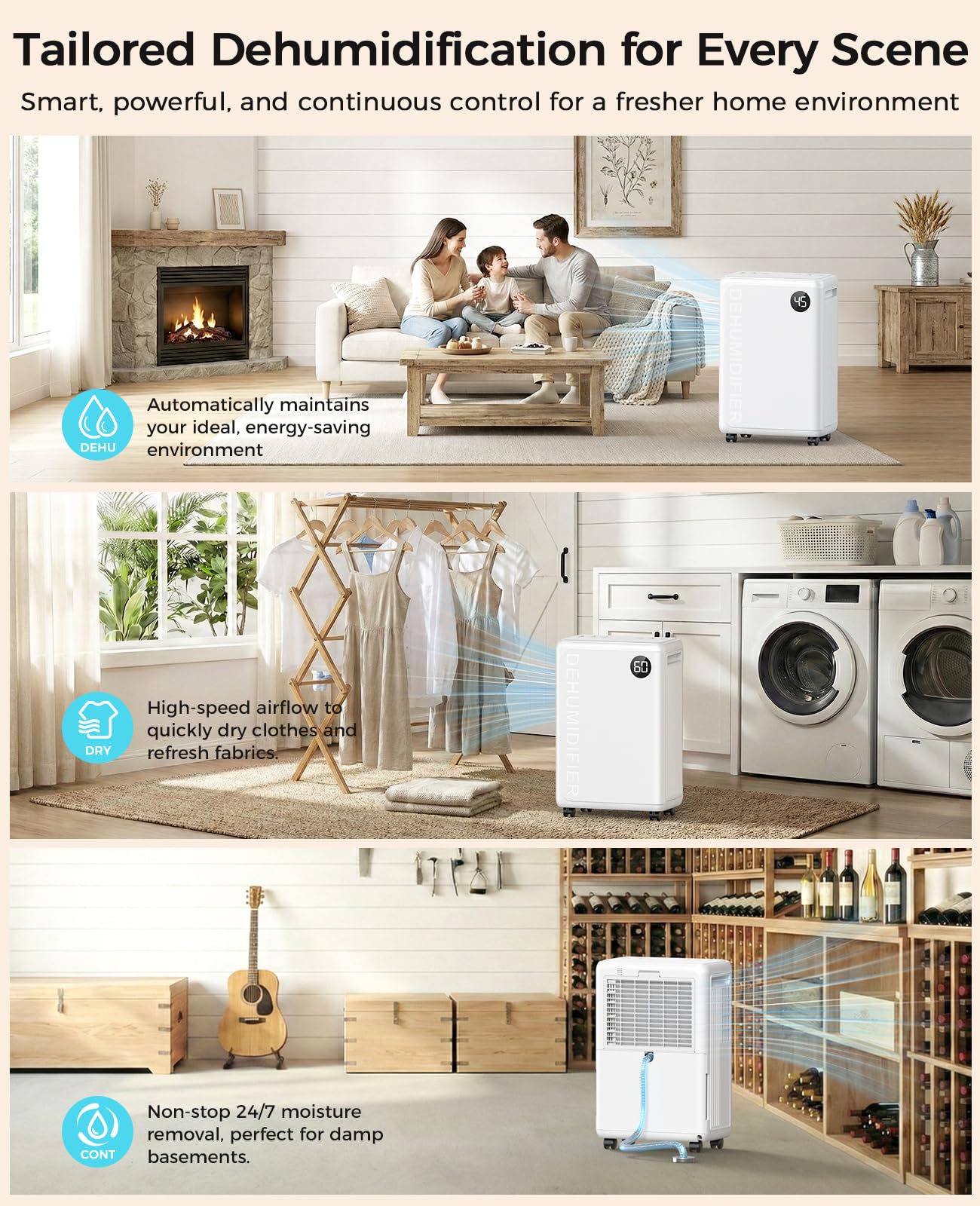 PLUSCENT 32 Pint Dehumidifier for Basement, 2500 sq.ft Dehumidifiers for Home with Drain Hose, 3 Modes, Auto Defrost, 24H Timer, Quiet Smart Humidity Control for Large Room, Bedroom, Bathroom, RV
