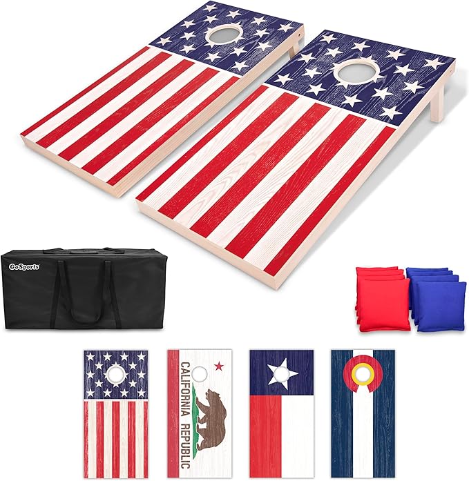 GoSports 4 x 2 ft Flag Series Wood Cornhole Sets – American Flag or State Flags – Includes 2 Regulation Size Boards, 8 Bean Bags, Carrying Case and Rules