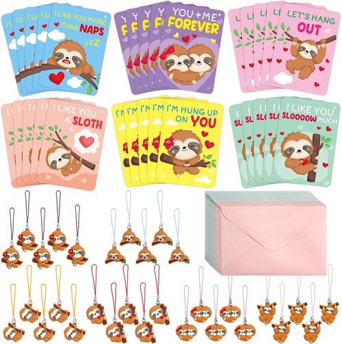 Fancy Land 30-Pack Sloth Valentine's Day Cards - Fun Classroom Gift Set for Kids with Keychains