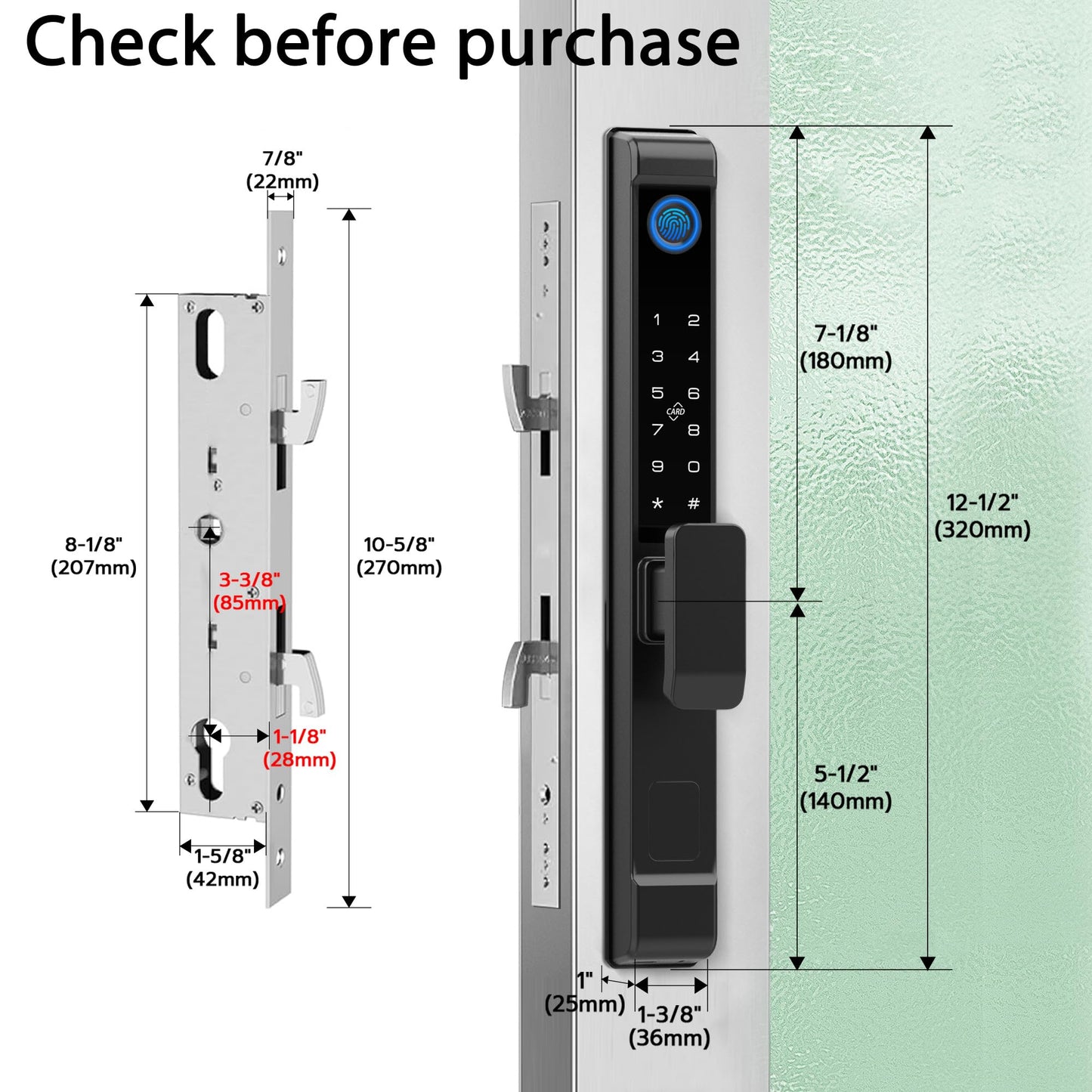 eLinkSmart Slim Keypad Door Lock Built-in WiFi Fingerprint Keyless Entry Mortise Smart Lock for Sliding Patio Glass Door, 2885 Hook Latch, Fits 22–110mm (0.87"-4.33") Door Thickness, Tuya App