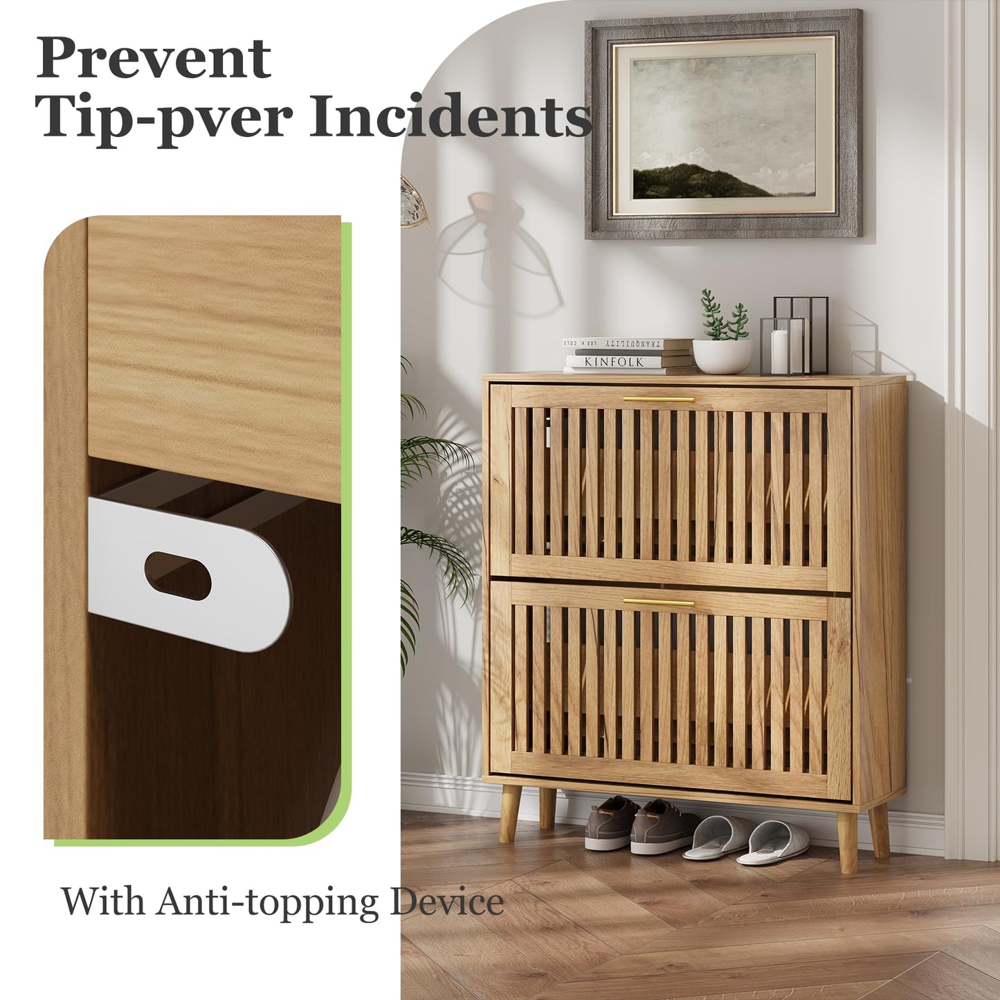 Shoe Storage Cabinet with Louvered 2 Flip Drawers, Narrow Shoe Cabinet Storage for Entryway, Freestanding Shoe Organizer Cabinet with Golden Handles, Slim Shoe Rack Cabinet 31.5in(Natural Wood)