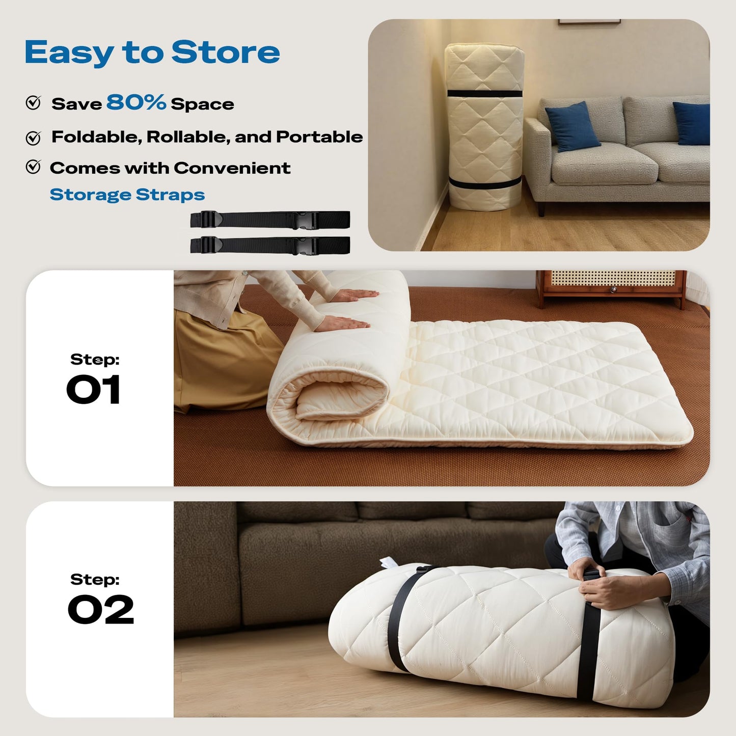 Aircliff Japanese Floor Futon Mattress, Roll Up Tatami Mat, Sleeping Pad, Shikibuton, CertiPUR-US Certified Foam Floor Bed Mattress for Sleeping, Dormitory, Guest Bed, Designed in Japan(White, Full)