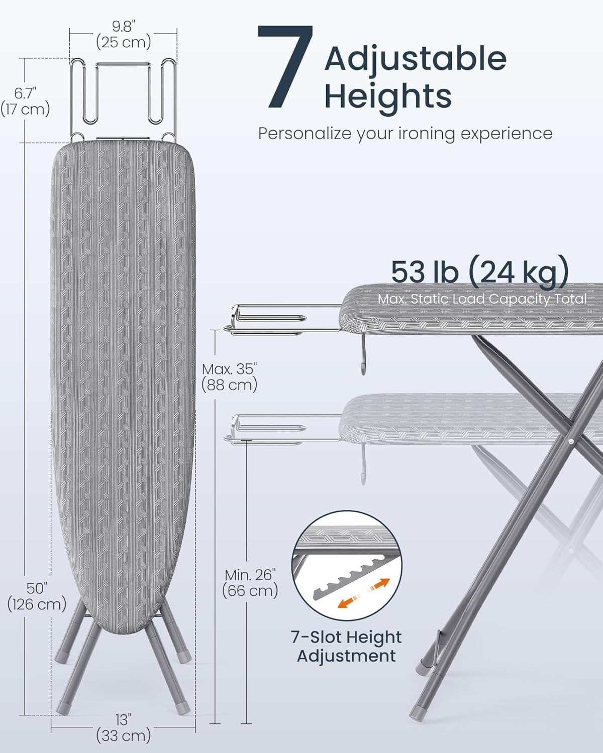 SONGMICS Ironing Board - Foldable & Height Adjustable Up to 35 Inches | 4-Layer Cover, Iron Rest & Hook, Dove Gray