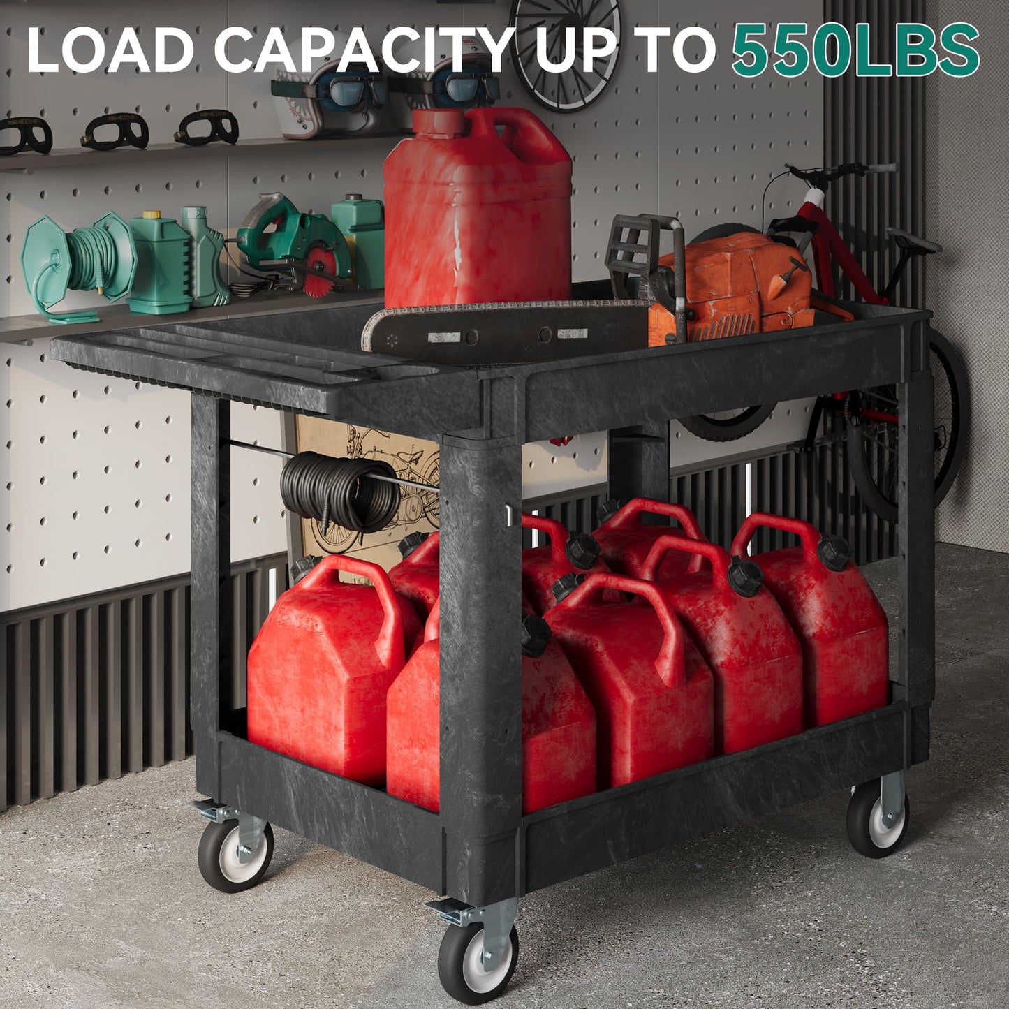 YITAHOME 2 Tier Heavy Duty Plastic Utility Cart 45 x 25 Inch, Rolling Work Cart w/Deep Shelves & 360° Swivel Wheels(2 Brake), Plastic Tool Cart Suitable for Warehouse, Garage, Office, Cleaning, Black