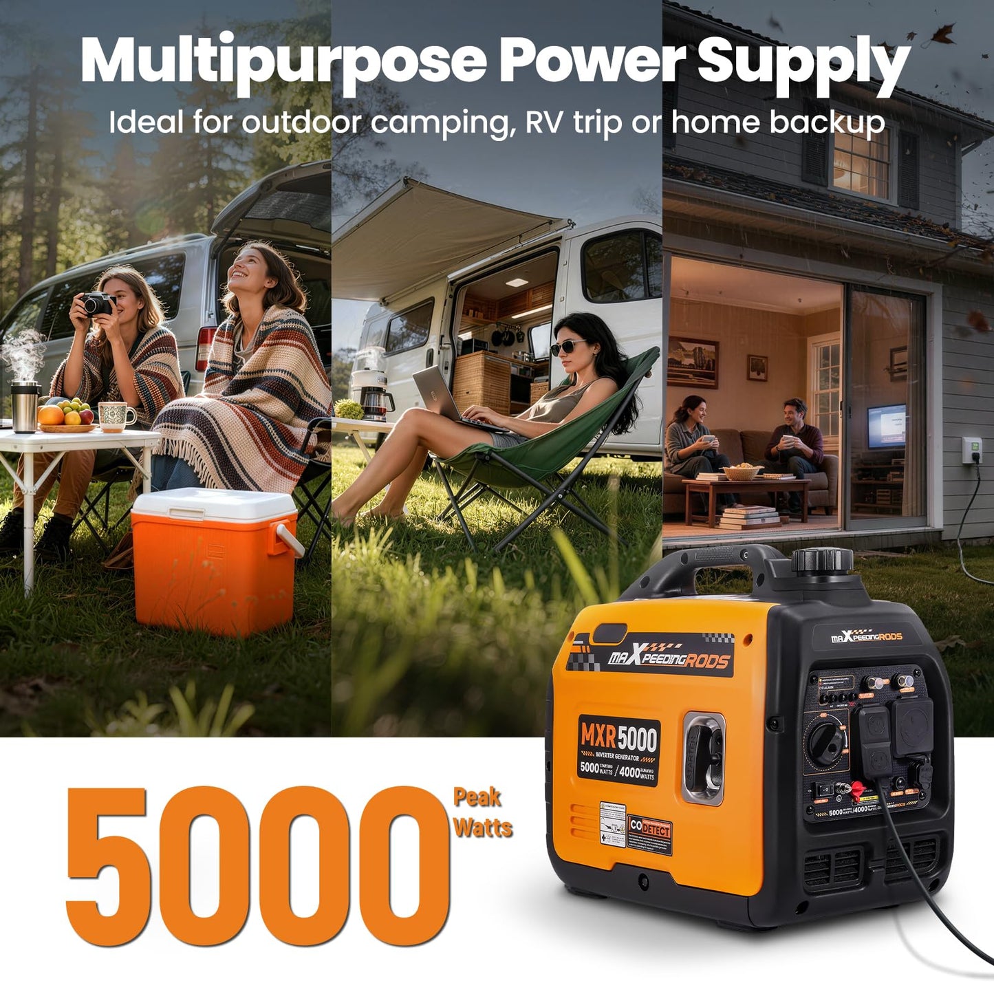 maXpeedingrods 5000 Watt Portable Inverter Generator, Gas and Power Generator, RV-Ready, Quiet and Lightweight for RV Camping