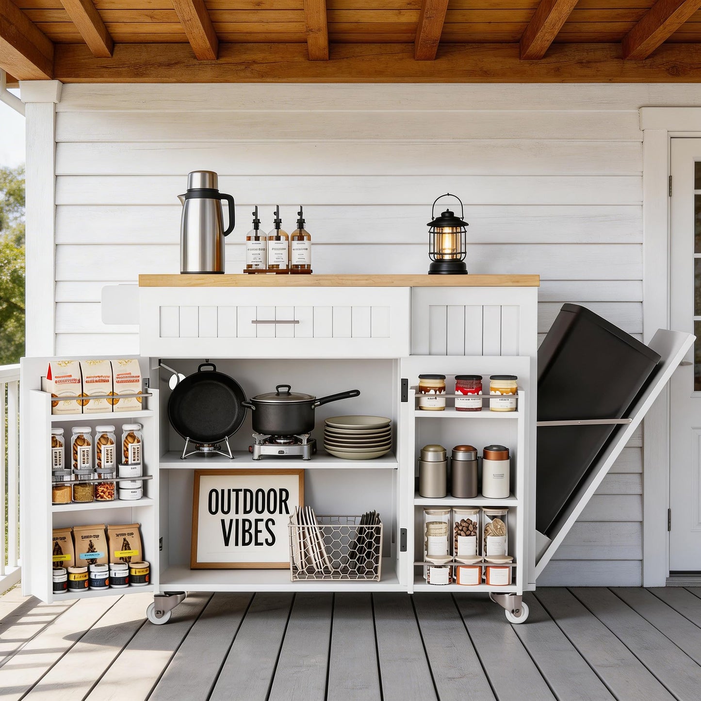 TEROL Kitchen Island with Outlet, Rolling Kitchen Cart Storage on Wheels with Drop Leaf, Trash Can Area, Spice Rack, Towel Bar, Adjustable Shelf, Drawer, Mobile Island Table for Kitchen