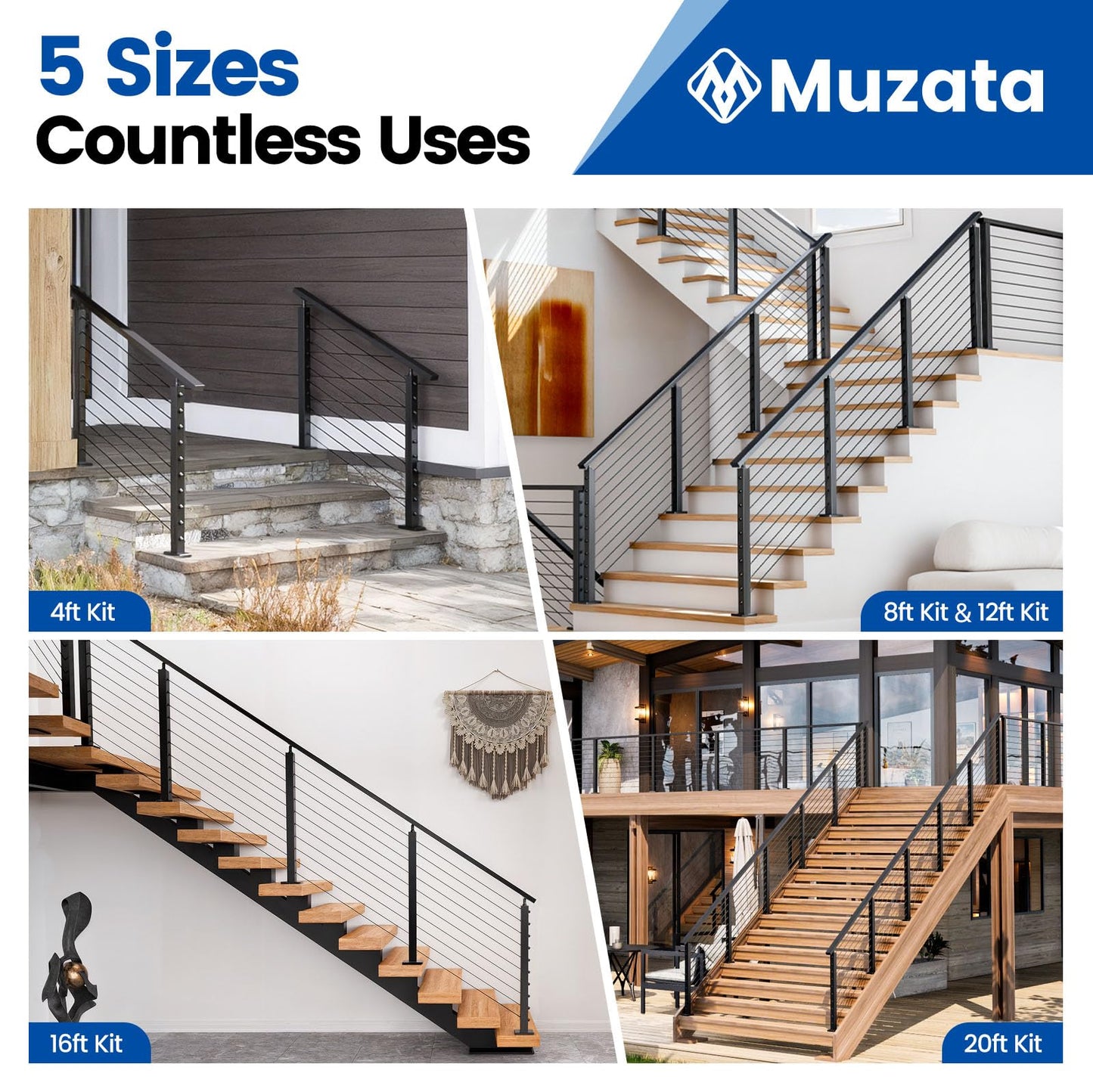 Muzata 2-4ft Black Complete Cable Railing Kit for Stairs Pre-Crimped 36 Inch Cable Railing System with Post Handrail Length Adjustable Easy DIY with User Guide Complete Set RC09