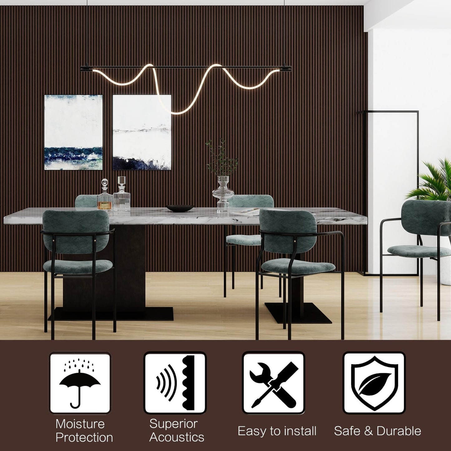 RODENET Soundproof 3D Slat Wall Panels 4-PACK 94.5"x11.8" MDF Acoustic Panels with Realistic Wood Grain for Noise Reducing Decor(DARK WALNUT)