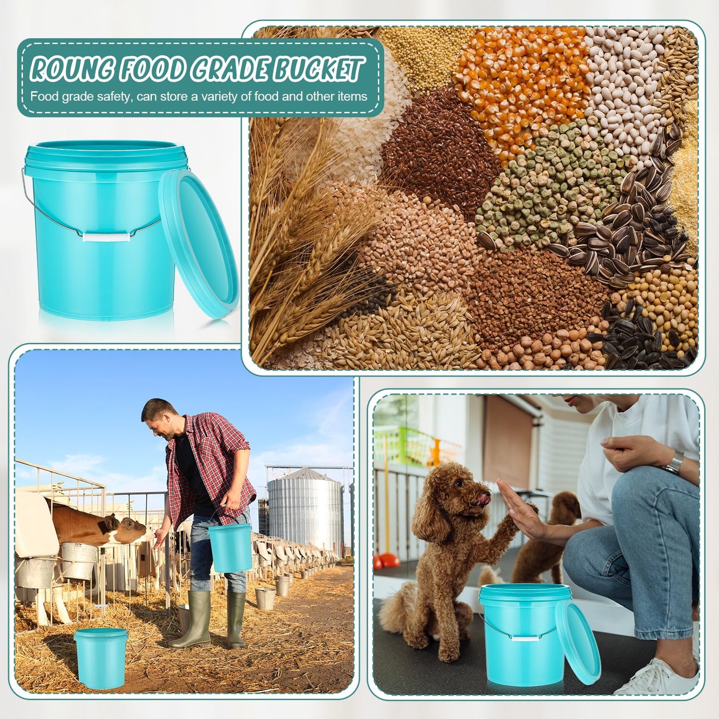 Blushtier 6 Pcs 3.2 Gallon Plastic Bucket with Lid and Metal Handle All Purpose Pail Recyclable Multipurpose Storage Bucket Heavy Duty Bucket Pail Container for Home Household Cleaning, Lake Blue