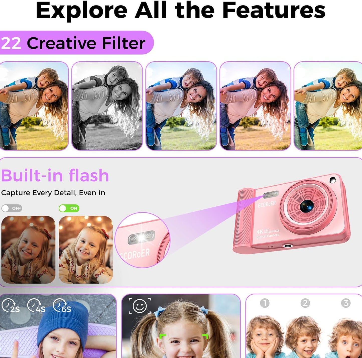 GCORDER 3-18, 50MP 1080P 16X 3-12, 13-18 Digital Camera,Pink Digital Camera for Kids Teens FHD Compact Camera with GB