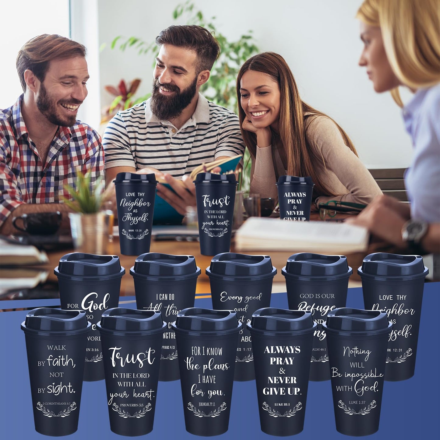 Skylety 60 Pack Christian Gifts for Men Women 16oz Reusable Bible Verse Tumbler Bulk Plastic Coffee Cup with Lid Inspirational Religious Church Gift for Mother Father Birthday (Blue)