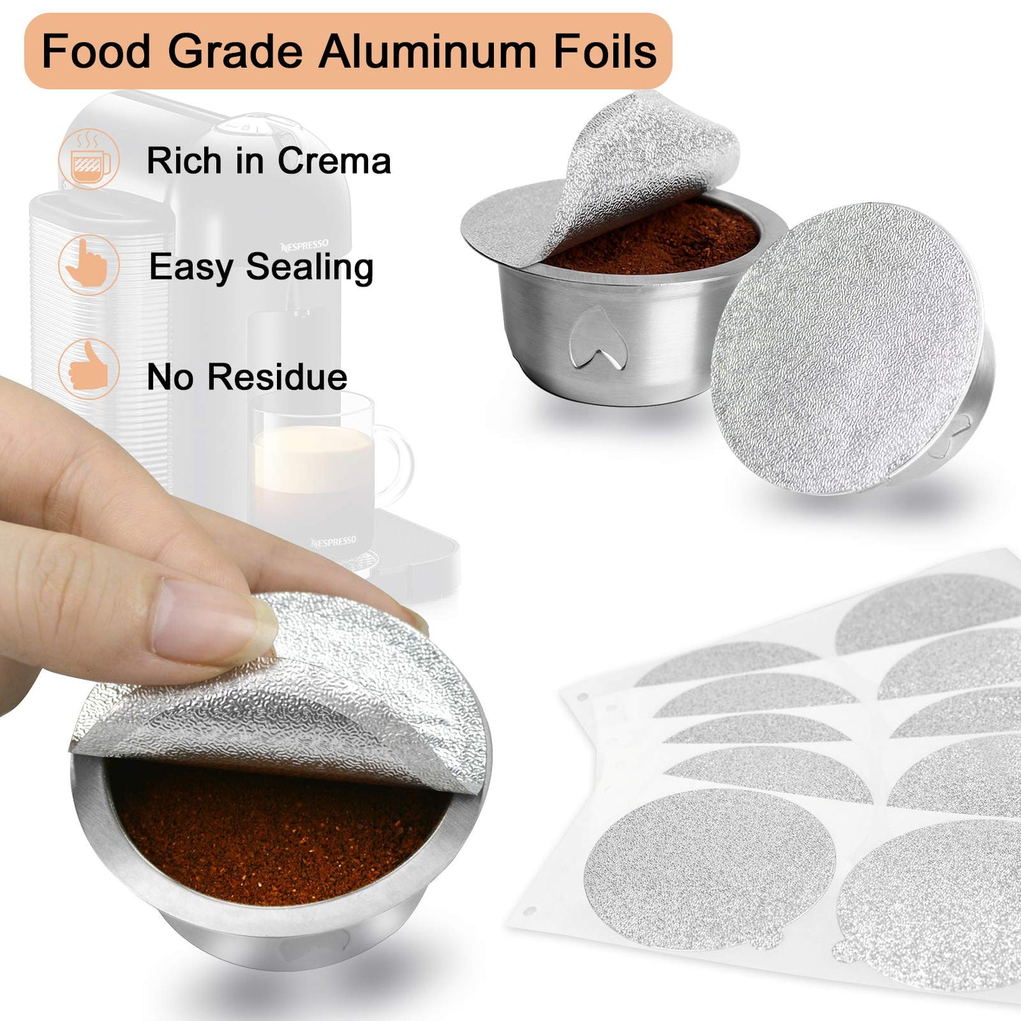 CAPMESSO Reusable Vertuoline Pod Foil Lids, for CAPMESSO Vertuline Capsules Aluminum seals Reusable Coffee Pod Stainless Steel Espresso Refillable Vertuoline Capsule Foil Lids(100pcs/57MM in diameter)