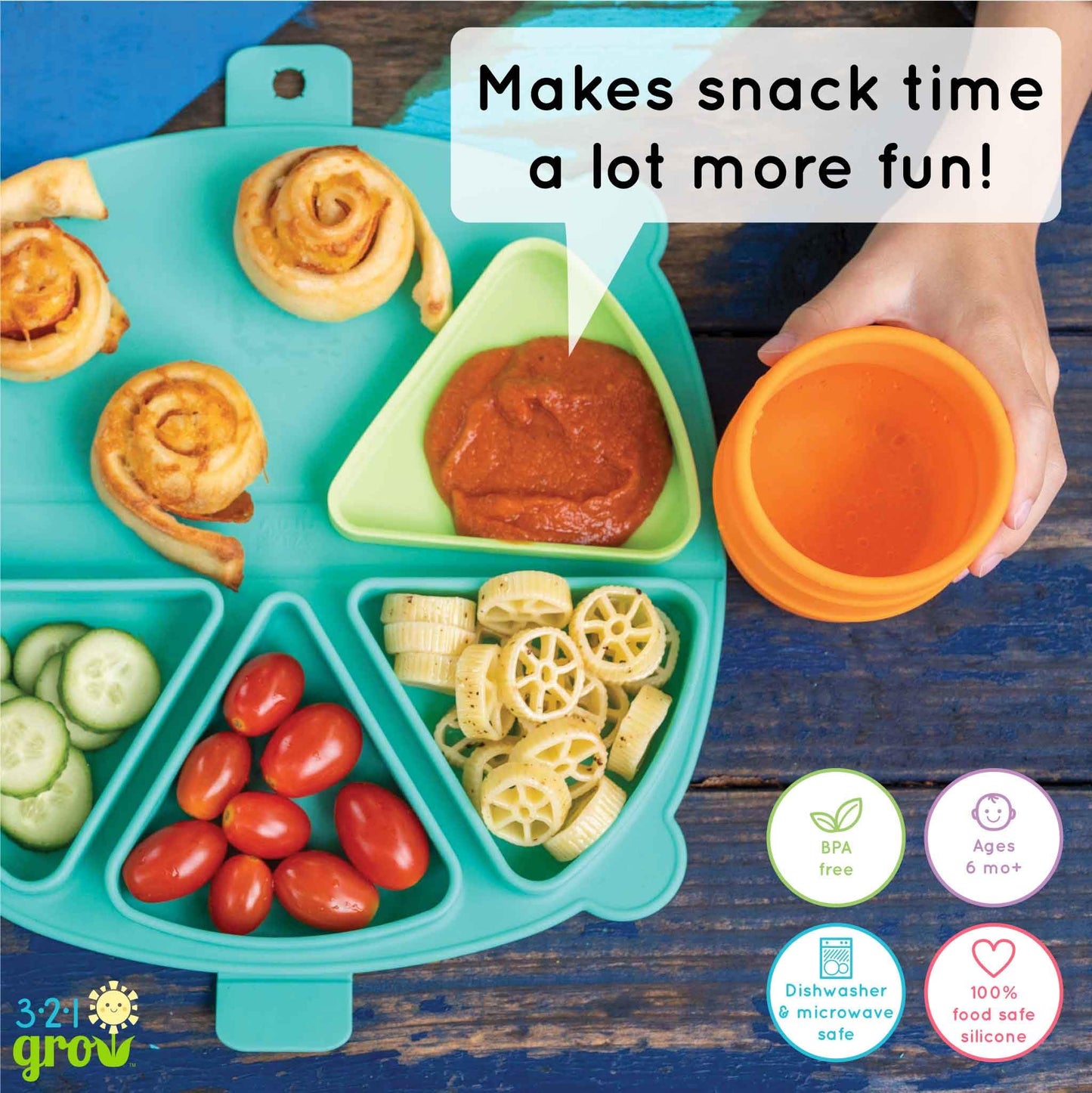 321 Grow Silicone On-The-Go Snack Mat – Foldable Reusable Placemat with 3 Compartments and Lids – Travel-Friendly Baby and Toddler Snack Plate – Dishwasher Safe (Aqua)