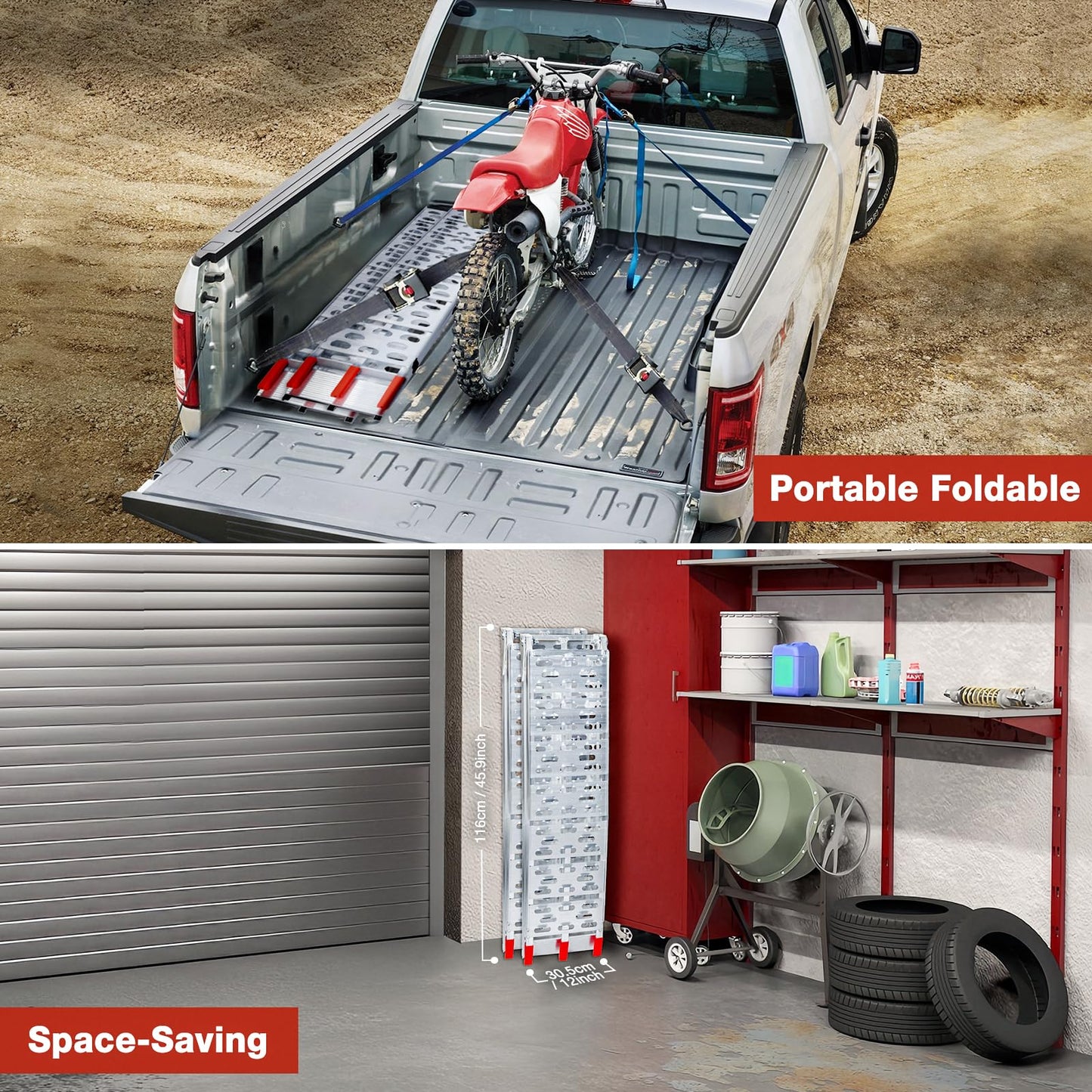 1840lb Capacity Truck Ramps, Aluminum Folding Loading Ramps for Car, Truck & Trailer Bed - with Load Straps for ATV/UTV, Golf Carts, Lawn Mowers, Go-Karts, Wheelbarrow, Motorcycles