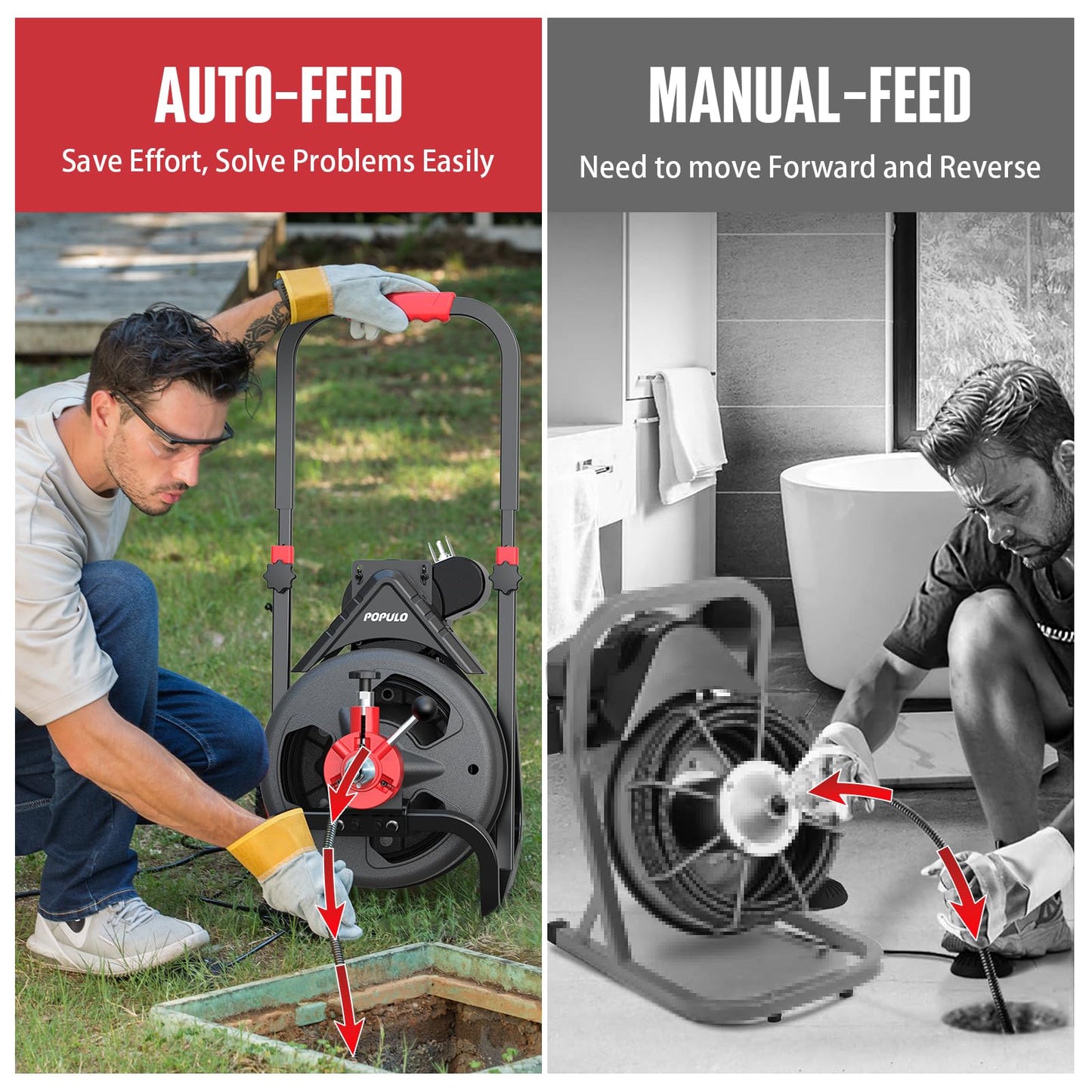 POPULO Auto Feed 50FT Electric Drain Snake with Mobile 8-Inch Wheel and 580W Power,1/2-Inch Drain Snake for 2”-4" Sewer Pipes, 50FT Drain Auger Includes 8 Attachments Heads and Glove