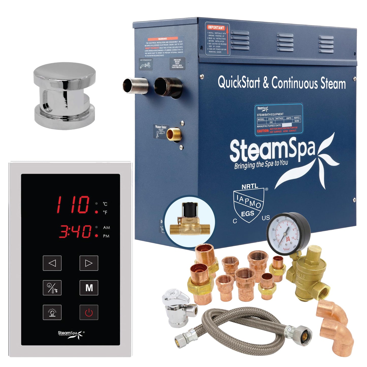 SteamSpa 9kW Steam Sauna Generator Premium Bundle 240V Steam Generator with Touch Pad Control, Steamheads, Pressure Relief Valve, Built-in Auto Drain and Plumber Quick Install Kit PRT900CH-A