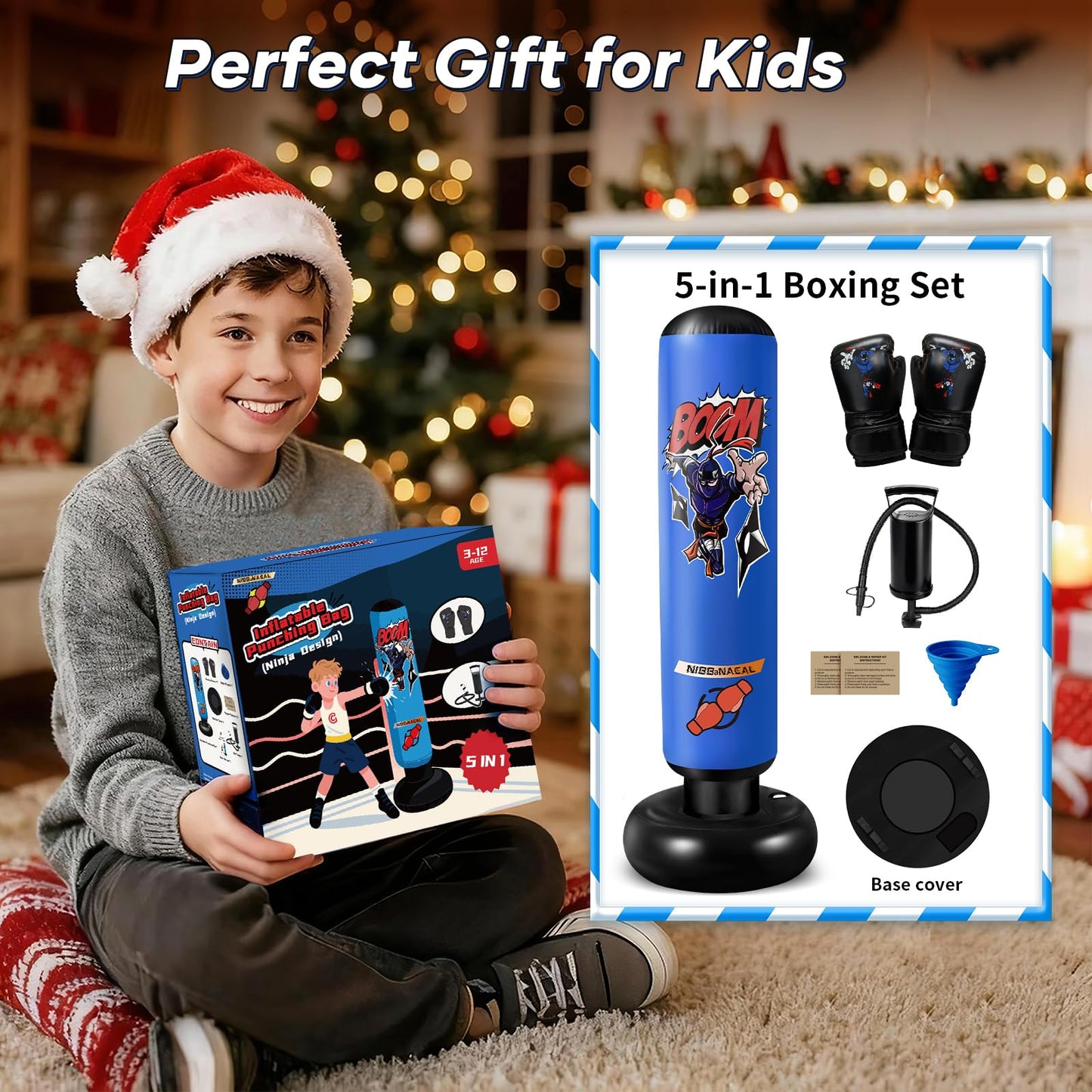 NIBBaNACAL Punching Bag for Kids 8-12, 63" Ninja Inflatable Boxing Bag with Gloves, Kids Punching Bag Gifts for Boys & Girls, 5-in-1 Boxing Set for Practicing Karate & Taekwondo