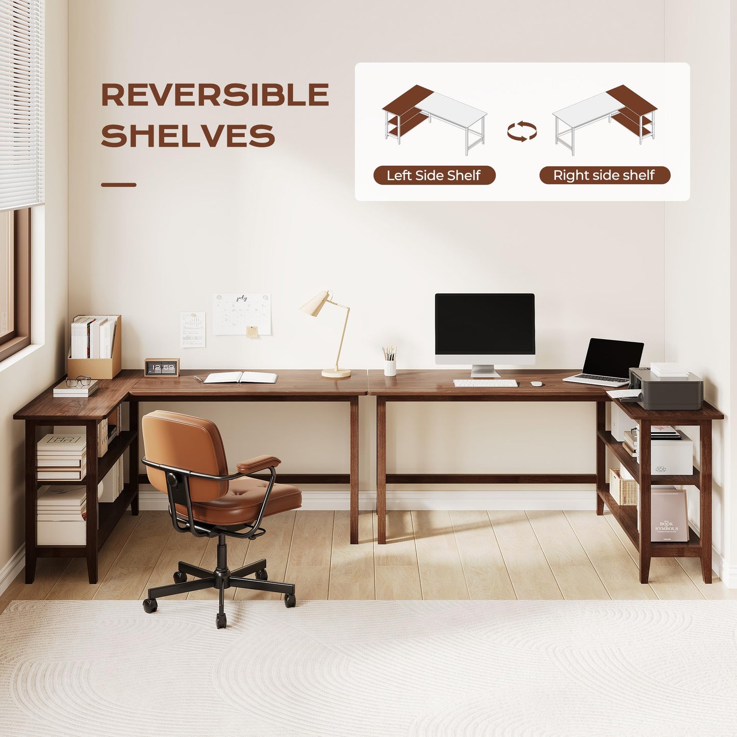 IOTXY Reversible L-Shaped Office Desk - 53" Modern Corner Computer Table with Storage Shelves, Solid Wood Legs, Home Writing & Study Workstation, Walnut
