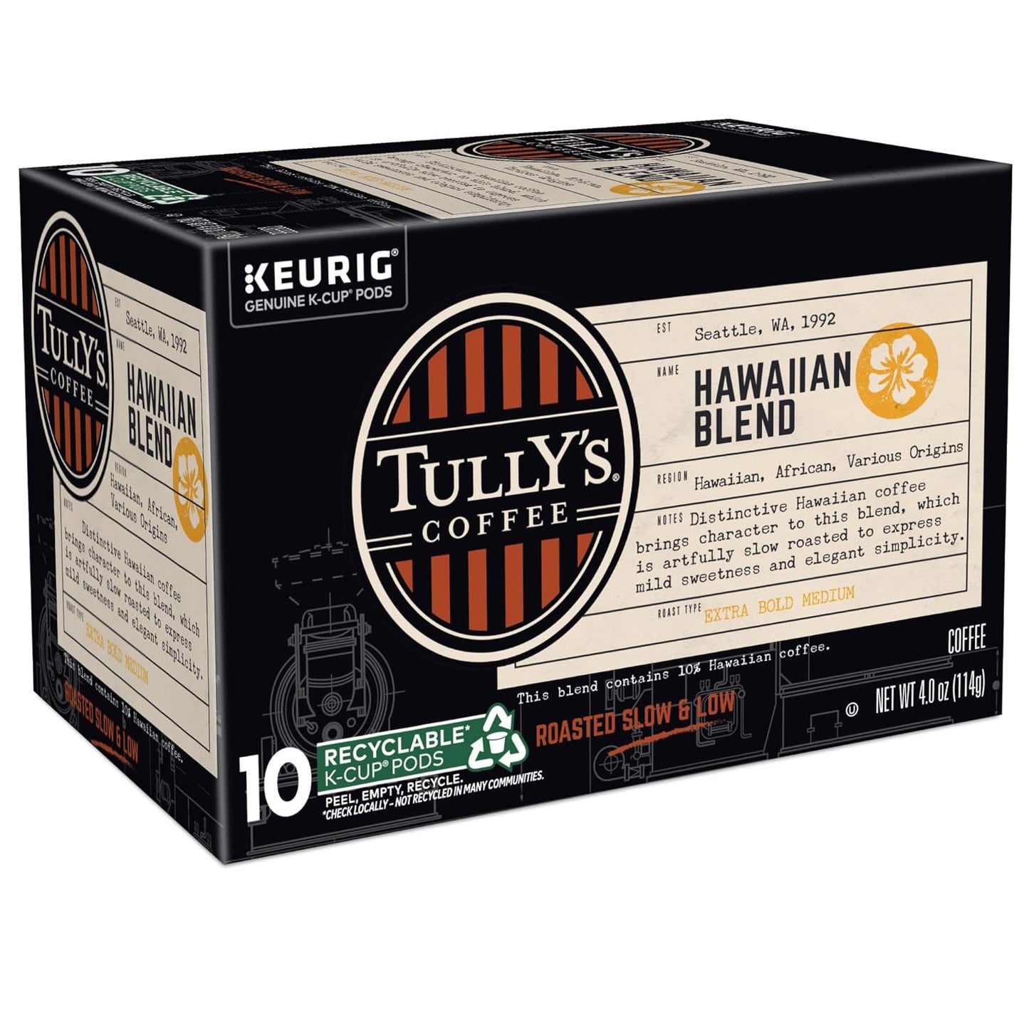 Tully's Coffee Hawaiian Blend K-Cup Pods - Medium Roast, 60 Count (6 Packs of 10)