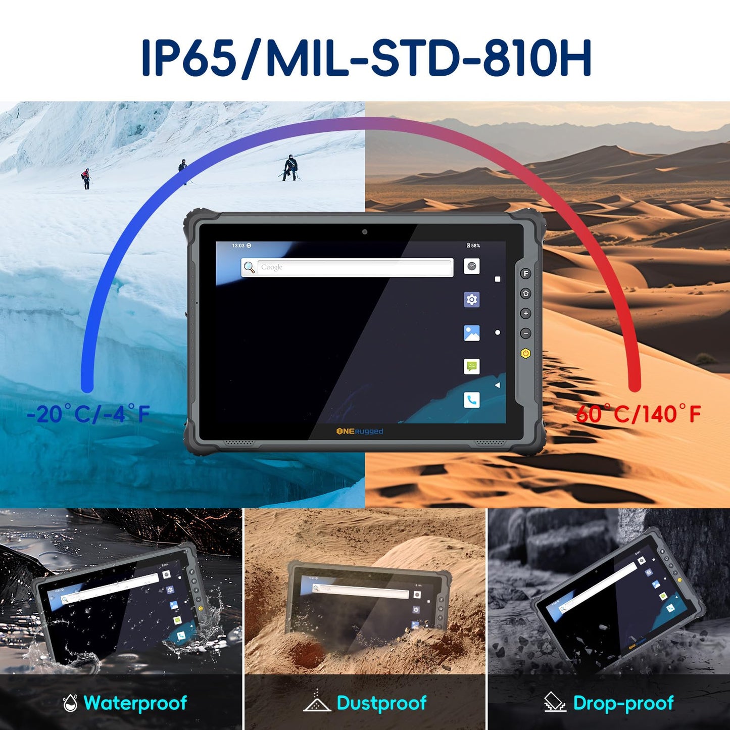ONERugged 10.1" Rugged Tablet M10T Android 14, 1000 Nits Sunlight Readable, 8GB+128GB, 10000mAh Removable Battery, 4G LTE, IP65 MIL-STD-810H Industrial Tablet for Fieldwork & Construction