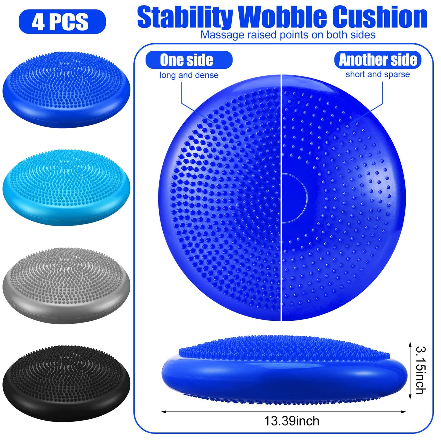 Sotiff 4 Pcs Inflated Wobble Cushion Flexible Wiggle Seat 14” L x 3.2” H Stability Balance Disc with Pump for Sensory Adult Physical Exercise Equipment(Black, Gray, Dark Blue, Light Blue)