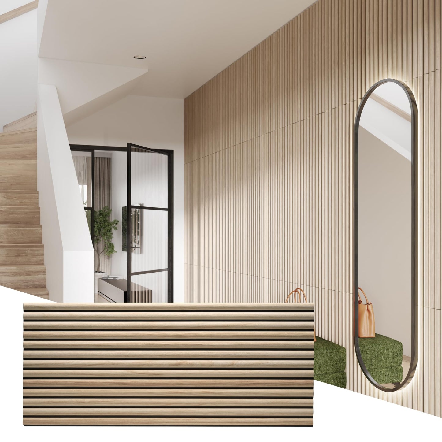 Wall!Supply 3D Wall Panels – Faux Natural Wood Round Slatted – Lightweight Foam (EPS) – Wallpaper Alternative – Easy DIY Installation – 4 Pack, Covers 24.96 Sq Ft
