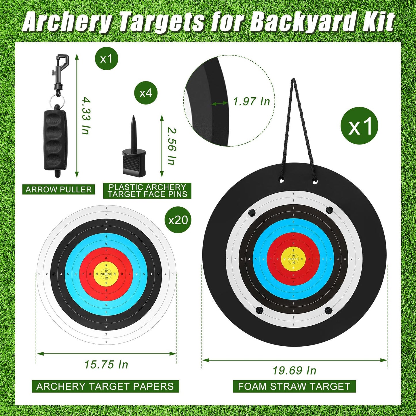 Gemscream 20" Foam Archery Target Block for Backyard, High-Density Round Archery Bow Target with Pins, 20 Pcs Paper Arrow Targets and Arrow Puller for Compound Bow Shooting Practice