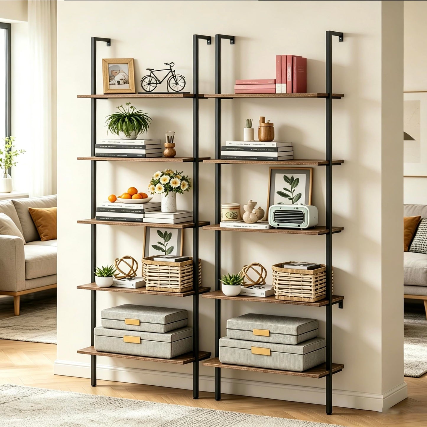 Wolawu 5 Tiers Ladder Shelf 2-Piece Black Modern Tall Bookshelf Open Large Tall Wall Mount Storage Bookcase Standing Leaning Wall Shelves Industrial Decorative (Brown)