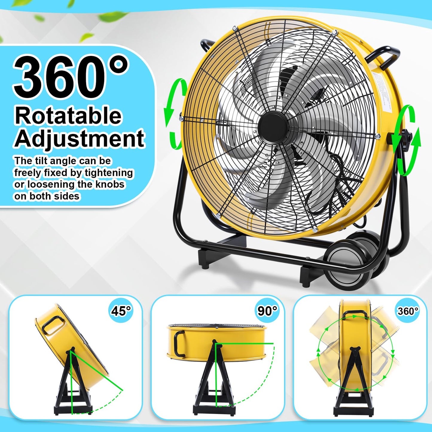 ZeahVeyora 20" High Velocity Industrial Drum Fan 7 Metal Blades Heavy Duty Metal Industrial Floor Fan 3 Speed with Handle and Roller, 360° Rotation for Warehouse Basement Factory Barn Garage(Yellow)
