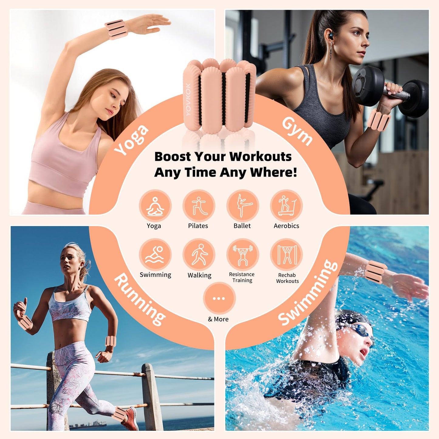 Wrist Weights, Silicone Adjustable Ankle Weights for Women Men - Strengthen Arms and Legs Ideal for for Home Gym Workout, Running, Yoga, Pilates, Barre, Exercise, Strength Training (Natural Flesh Pink, 4 lbs Pair (2 lb Each))