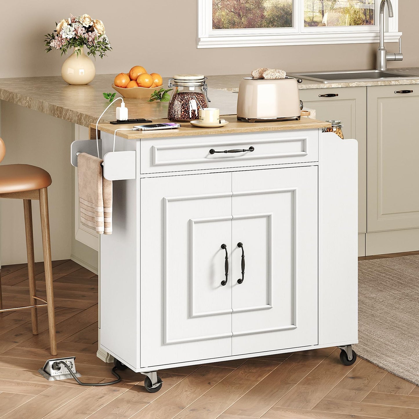 RALGEND Kitchen Island with Power Outlets & Drop Leaf, Rolling Kitchen Cart on Wheels, Kitchen Storage Island with Spice Rack and Drawer, Mobile Island Table for Kitchen, Dinning, White and Natural