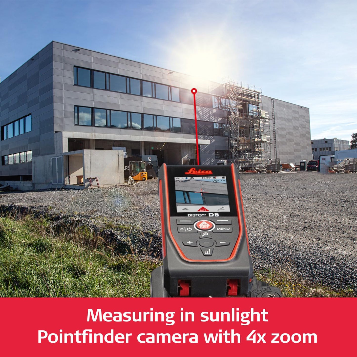Leica Disto D5 - Range 650ft, Bluetooth, Smart Horizontal, Add/Subtract, Volume, Outdoor Camera viewfinder with 4X Zoom, Intelligent end-piece, Hand Loop, Pouch.