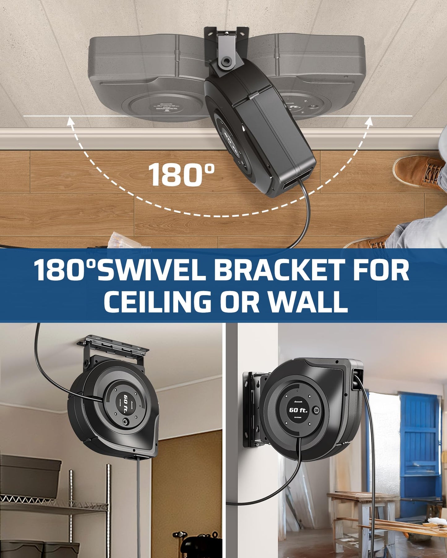 DEWENWILS Retractable Extension Cord Reel, 60FT Retractable Cord Reel, 12AWG/3C SJTOW, Lighted Triple Tap Outlets, 15A Circuit Breaker, Wall/Ceiling Mounted Heavy Duty Power Cord