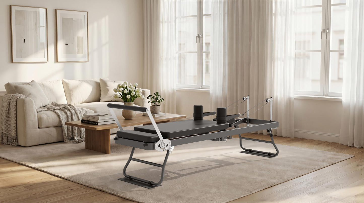 Foldable Pilates Reformer Machine for Home Gym, 77.5'' Pilates Reformer Bed with 5 Adjustable Resistance Bands, Upgraded Rope Adjuster System Supports 400lbs, Professional Pilates Equipment