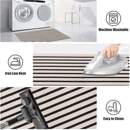 LEEVAN Outdoor Rug Runner - Black and White Striped Cotton Woven Doormat | 2x4 ft Washable for Home & Porch