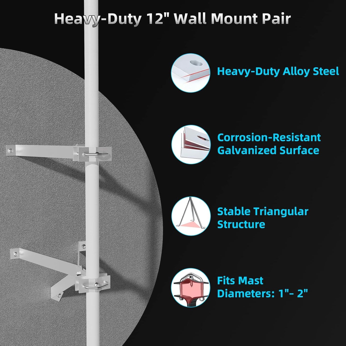 12" 2 Heavy-Duty Antenna Mount Bracket, Adjustable Antenna Mast Mount, Waterproof Wall Mount Pair for TV Antenna Mast