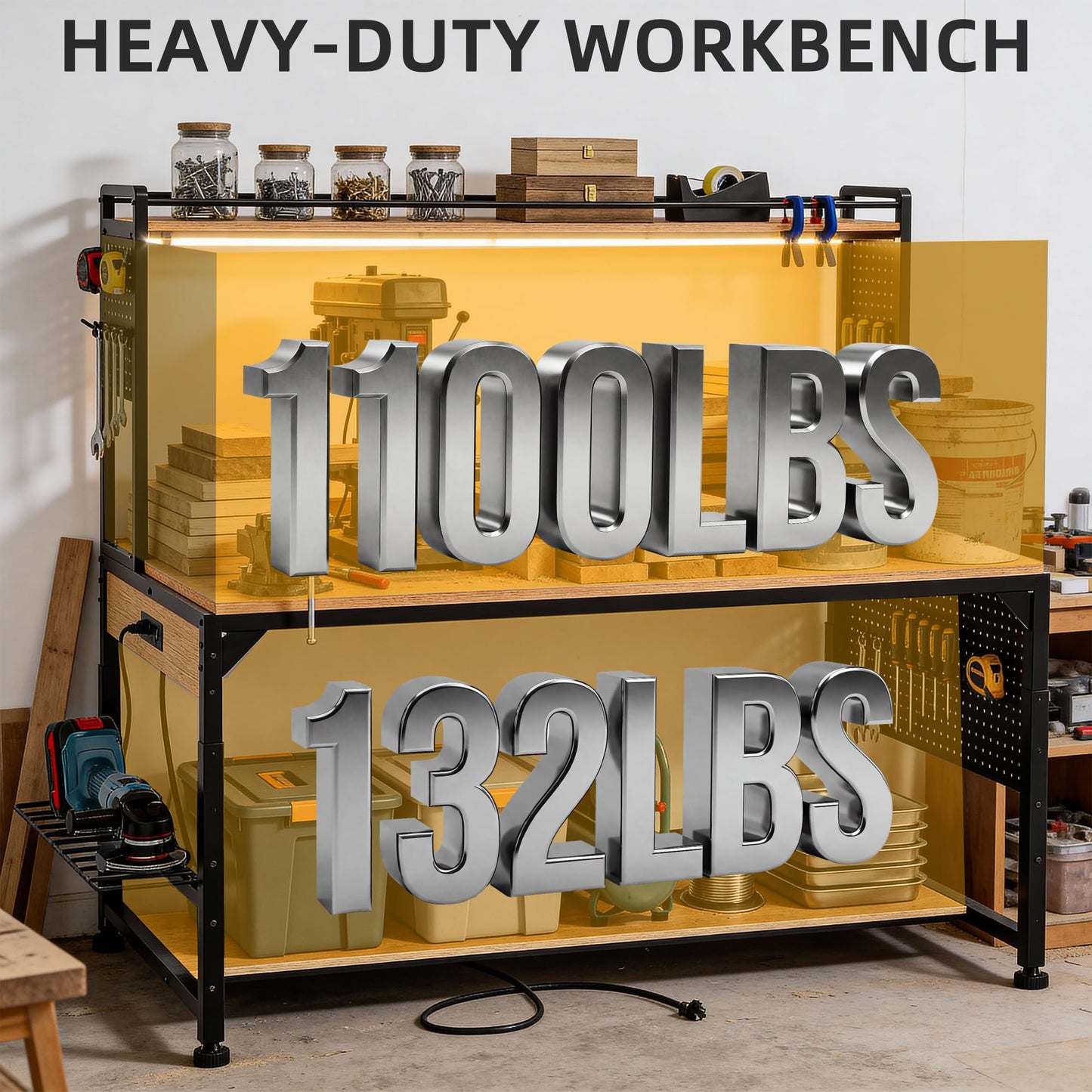 DWVO 59in Large Adjustable Height Workbench with Pegboard, 1100lb Heavy Duty Work Bench on Wheels, 59"x31" Work Table with AC/USB Outlet, Storage Shelf, LED Light, Hooks, for Garage, Workshop, Home