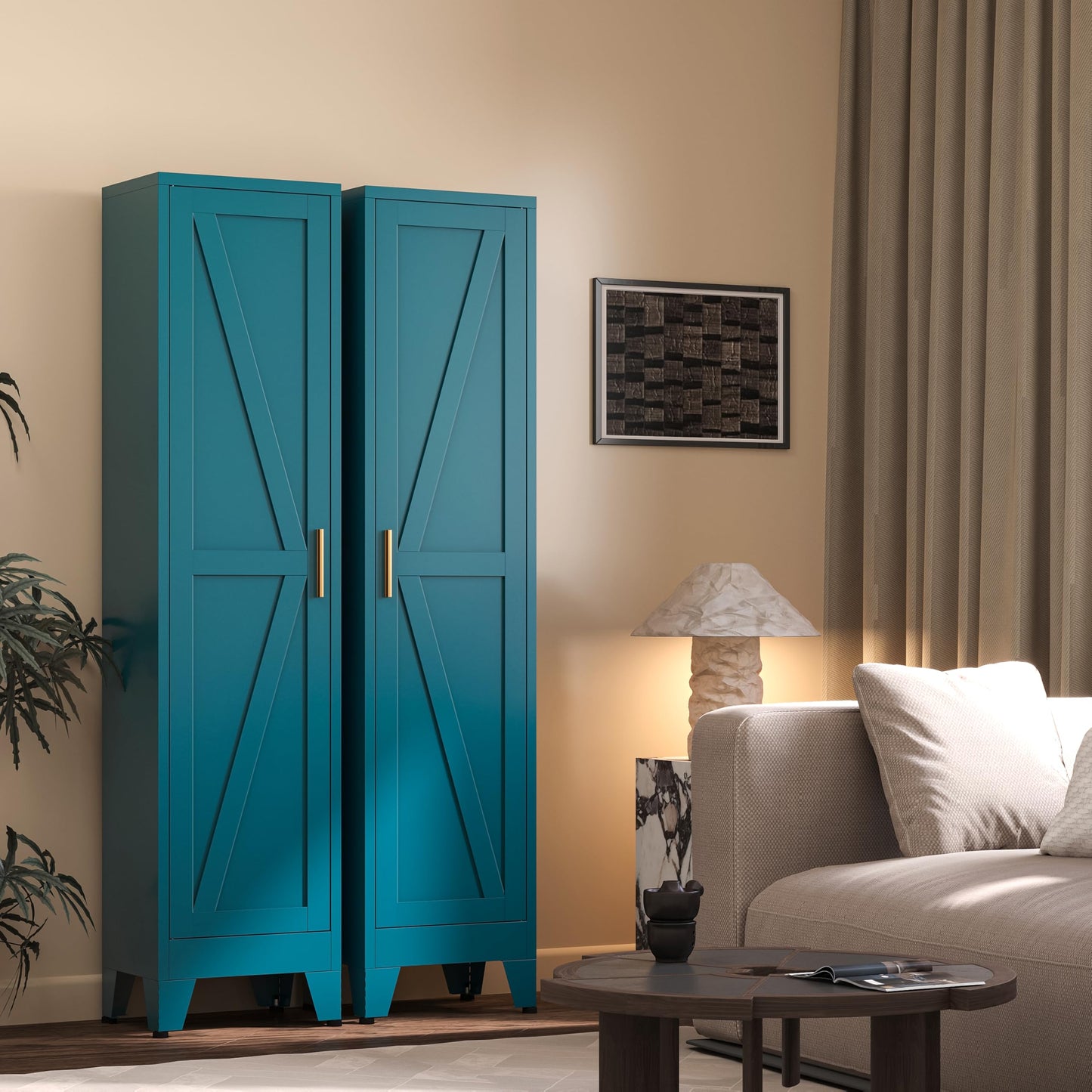 QPRVPTOW 67" H Broom Closet Storage Cabinet,Metal Cleaning Cabinet,Narrow Storage Cabinets with 4 Adjustable Shelves,Slim Tall Floor Cabinet