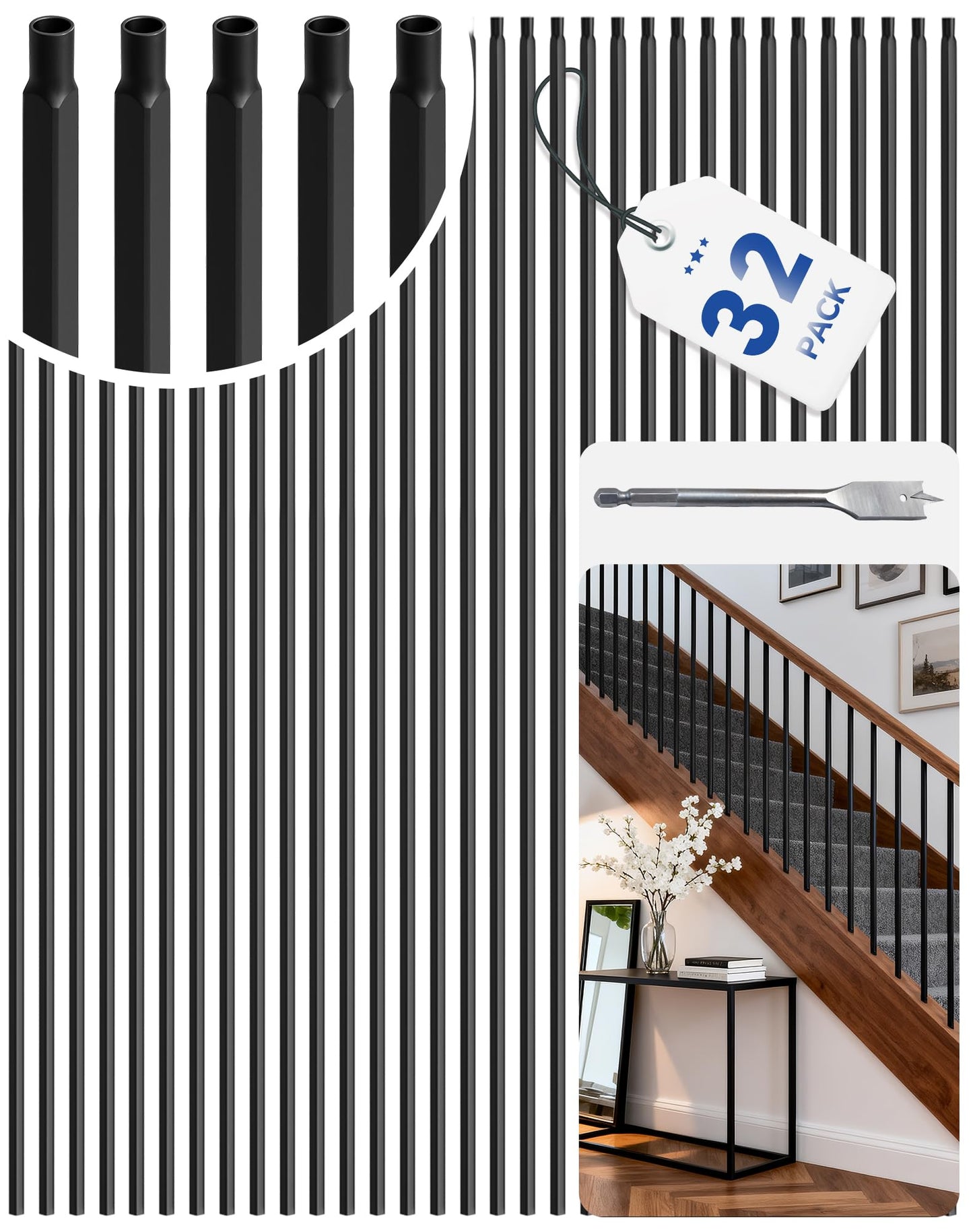 32 Pack Iron Balusters for Staircase Interior, 44 Inches Square Hollow Metal Balusters, 1/2" Wrought Iron Stair Hand Rail Spindles, Black Indoor Stair Railing, Tafbrik Metal Spindles for Staircase