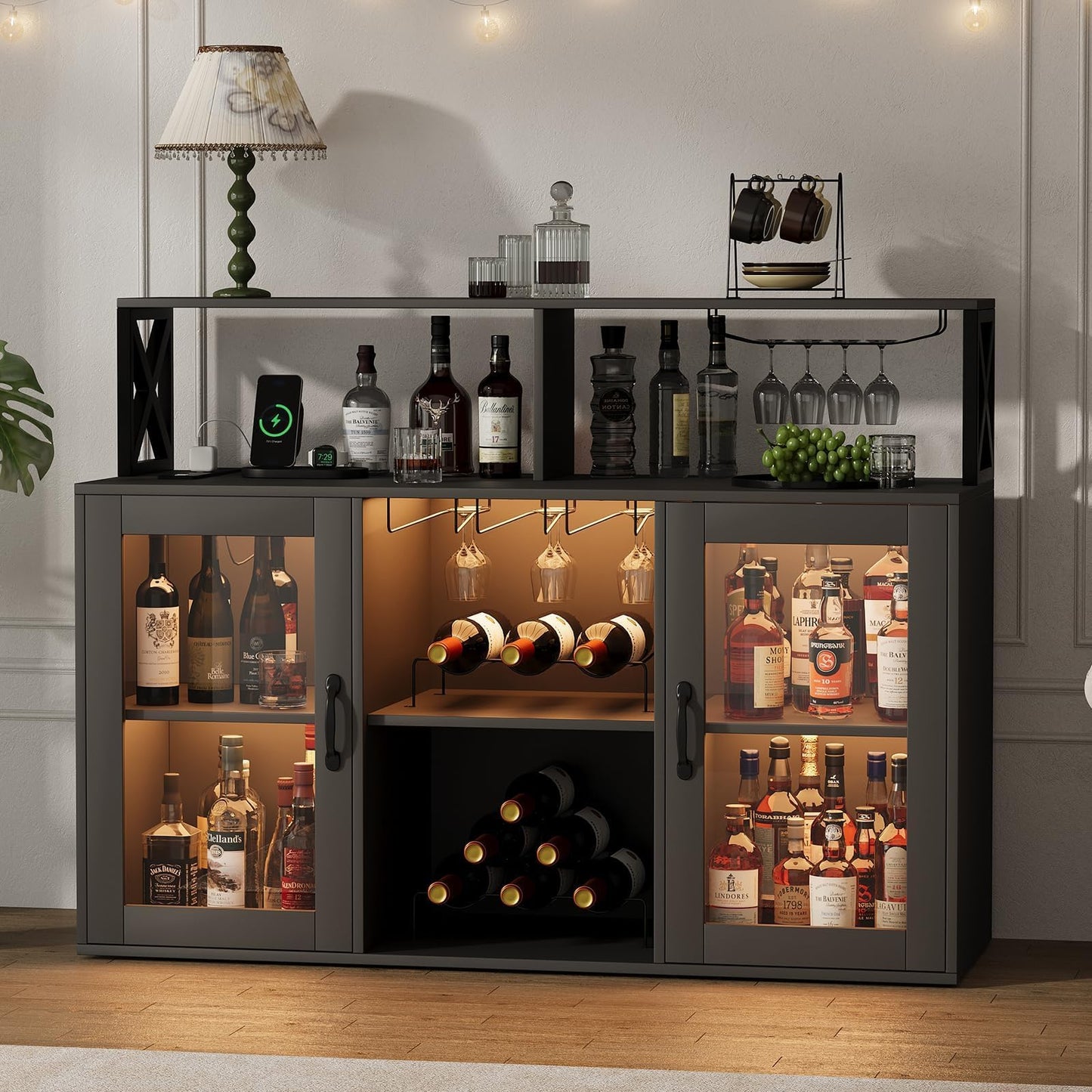 BouPower 47" Wine Cabinet with LED Light, Home Coffee Cabinet with Wine Rack and Glass Holder, Coffee Bar Buffet Sideboard Storage with Power Outlets, for Living Room, Dining Room, Black