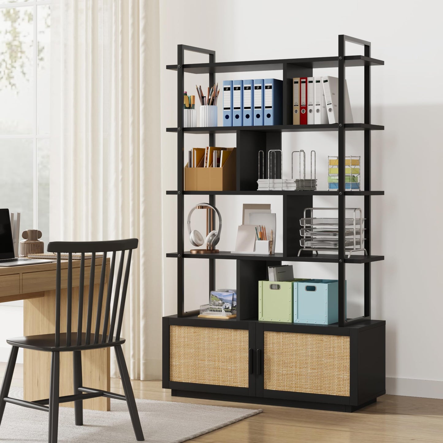 CABIHOME 5 Tier Rattan Bookshelf with Storage Cabinet & Door, 71.1 Inch Tall Industrial Book Shelf with Open Display Shelves, 5 Shelf Bookcase with Metal Frame for Living Room, Bedroom (Black)