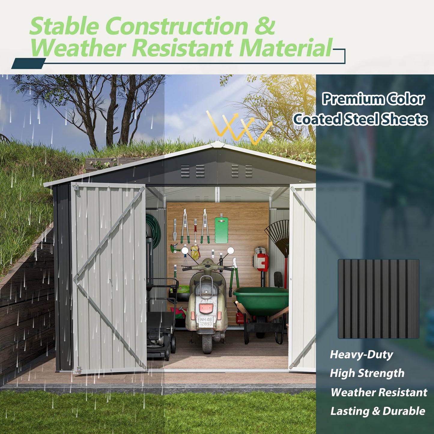 10'x10' Galvanized Steel Storage Shed with 4 Top Air Vents, Lockable Double French Door Large Garden Tool Shed, Black
