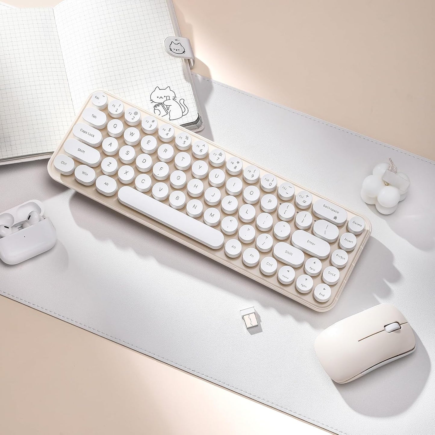 MIKIBY i68 2.4GHz WindowsxP/7/8/10 Wireless Keyboard and Mouse Combo, Retro Typewriter Style Keyboard with Round